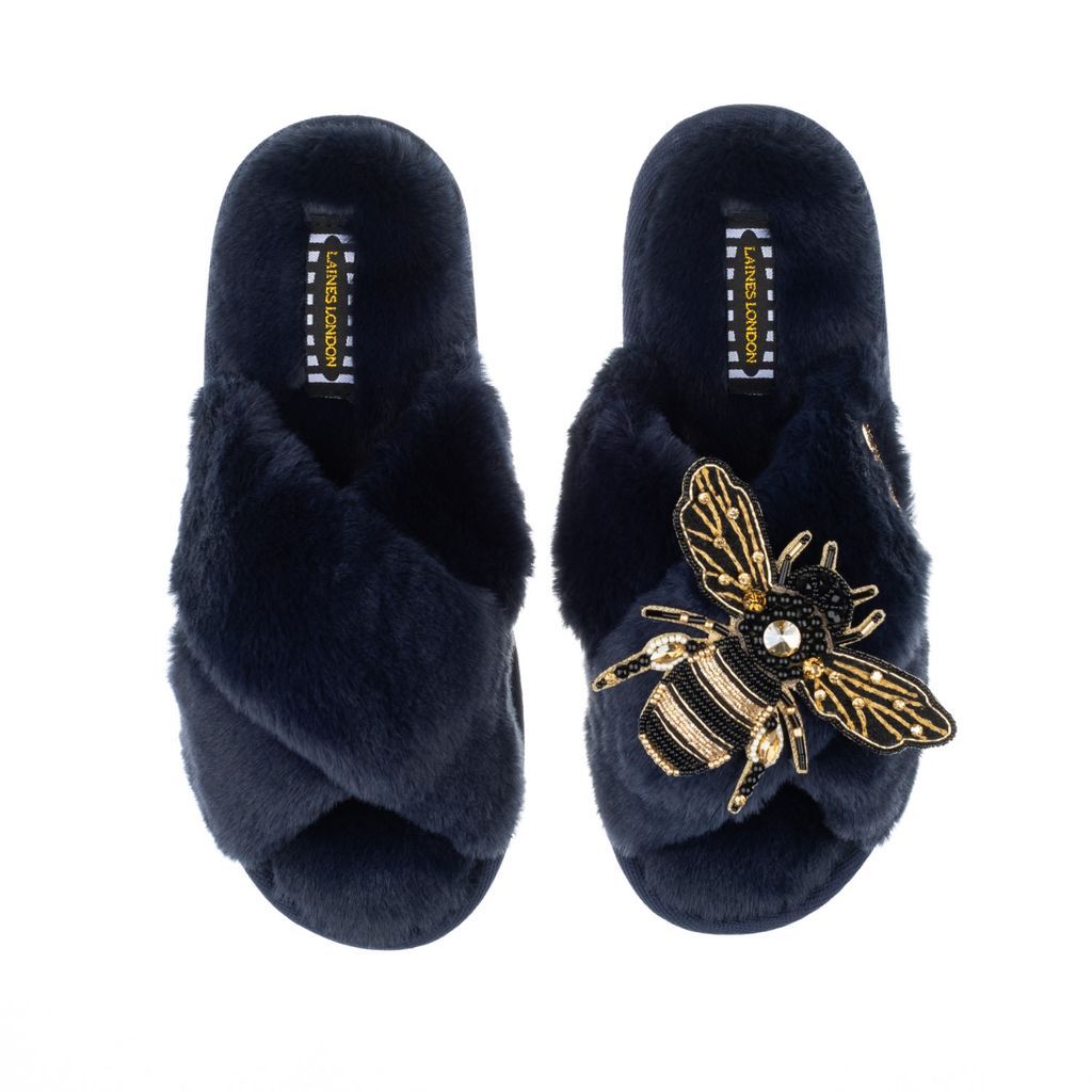 Women's Blue Classic Laines Slippers With Artisan Golden Honeybee - Navy Small LAINES LONDON