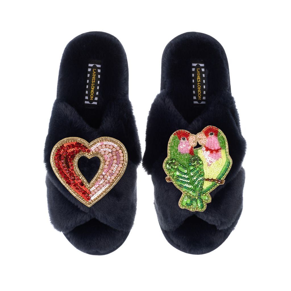 Women's Blue Classic Laines Slippers With Artisan Heart & Love Birds Brooches - Navy Small LAINES LONDON