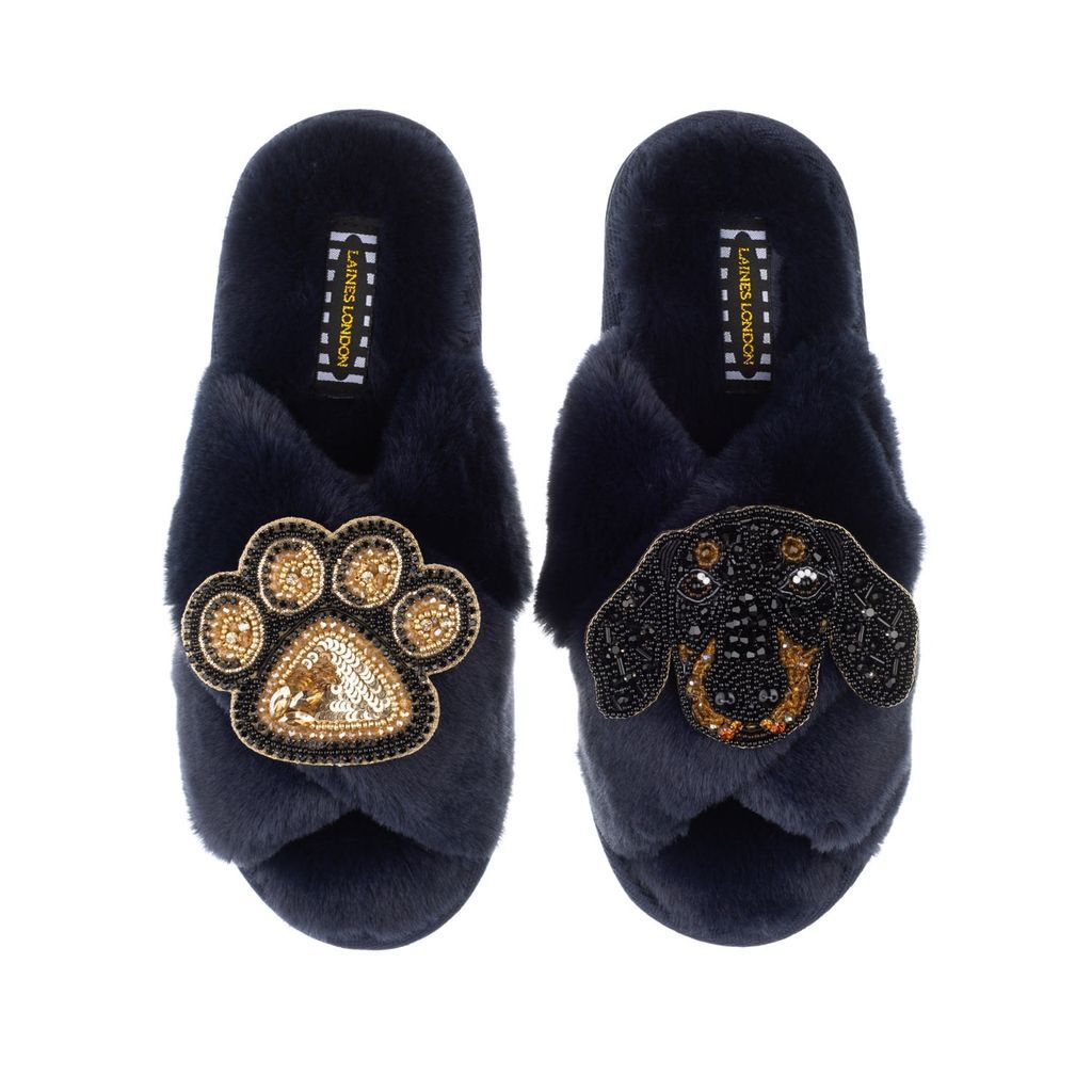 Women's Blue Classic Laines Slippers With Artisan Little Sausage & Paw Brooches - Navy Small LAINES LONDON