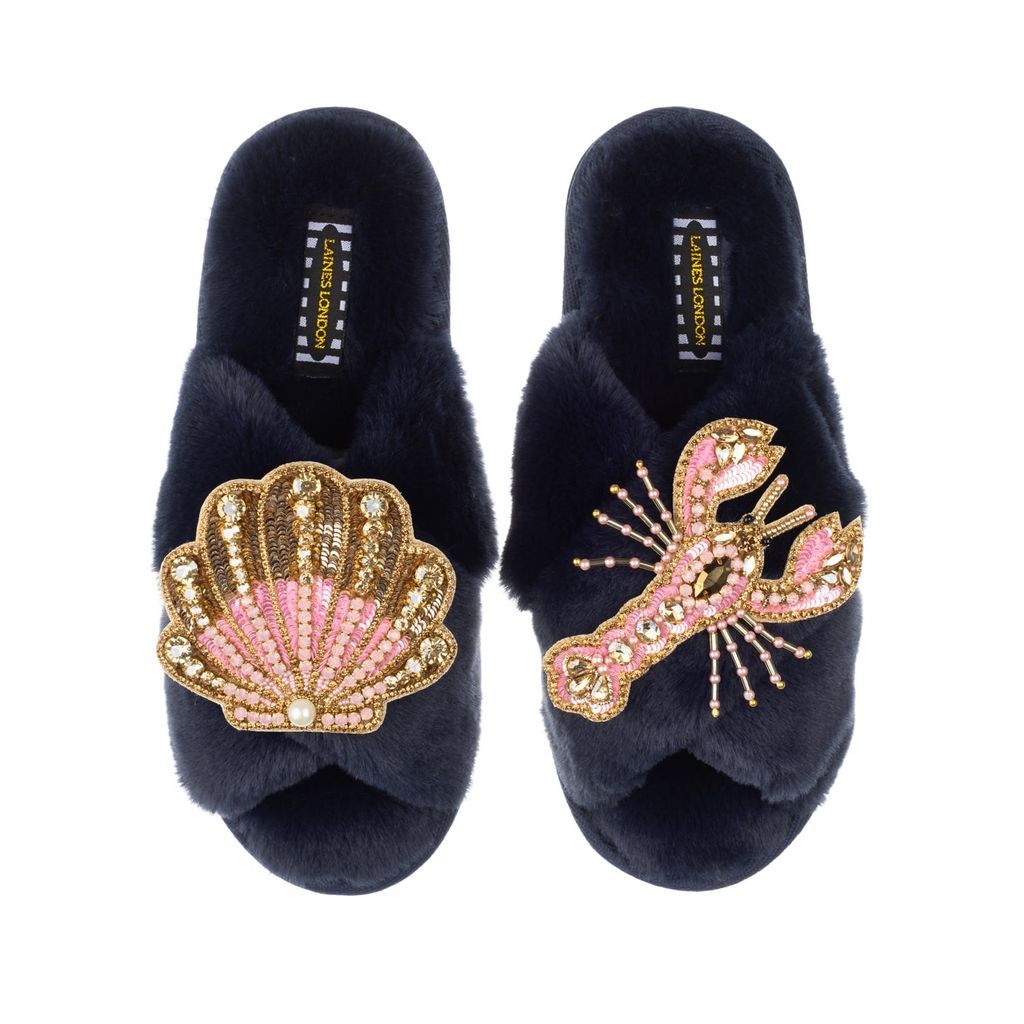 Women's Blue Classic Laines Slippers With Artisan Pink Lobster & Pink & Gold Shell - Navy Small LAINES LONDON