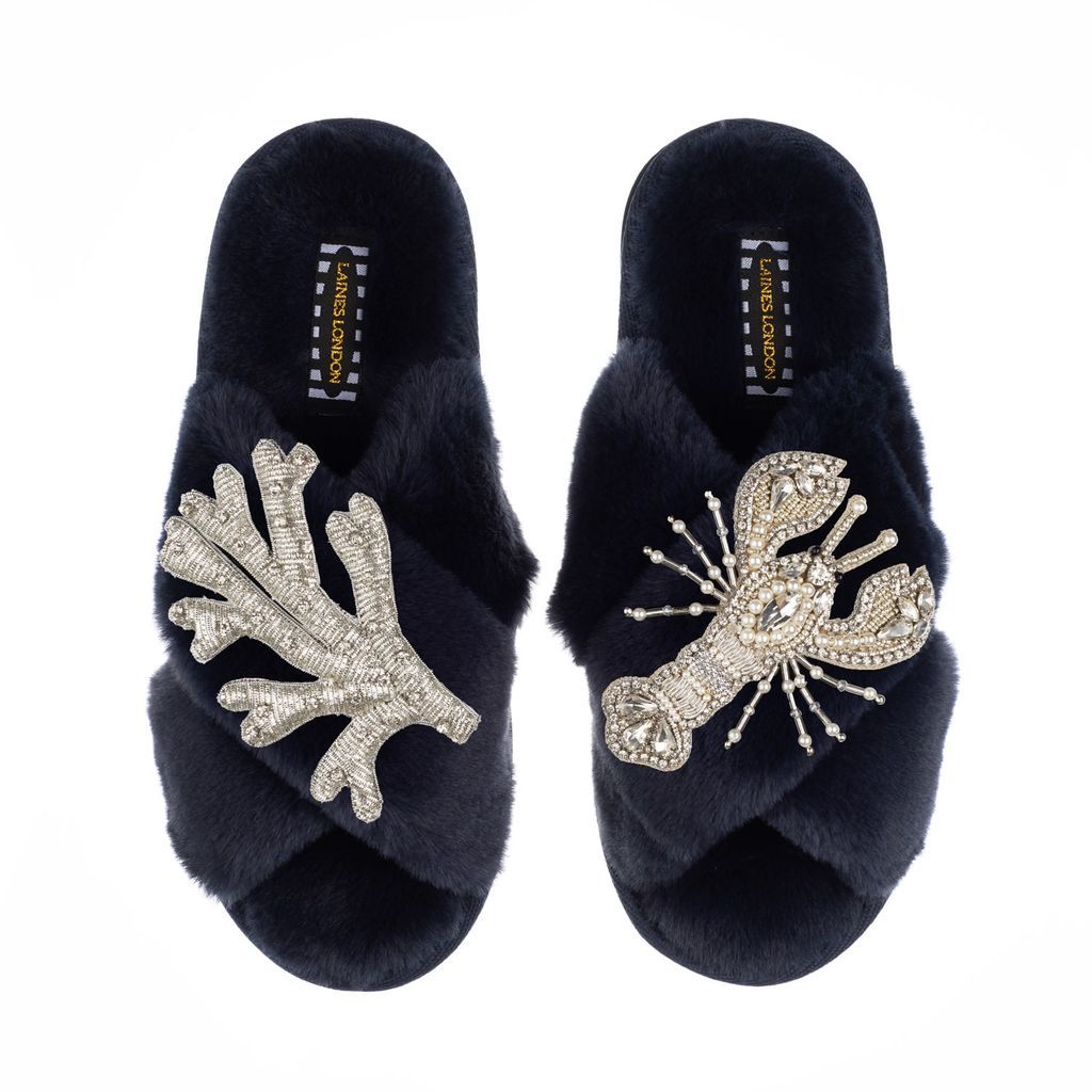 Women's Blue Classic Laines Slippers With Artisan Silver Coral & Lobster Brooches - Navy Small LAINES LONDON