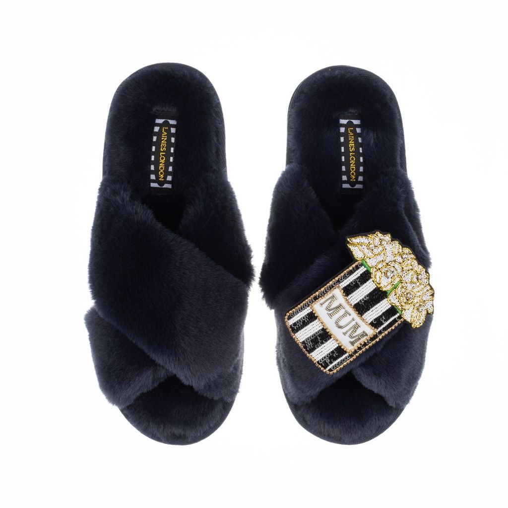 Women's Blue Classic Laines Slippers With Deluxe Artisan Mum Bouquet Brooch - Navy Small LAINES LONDON
