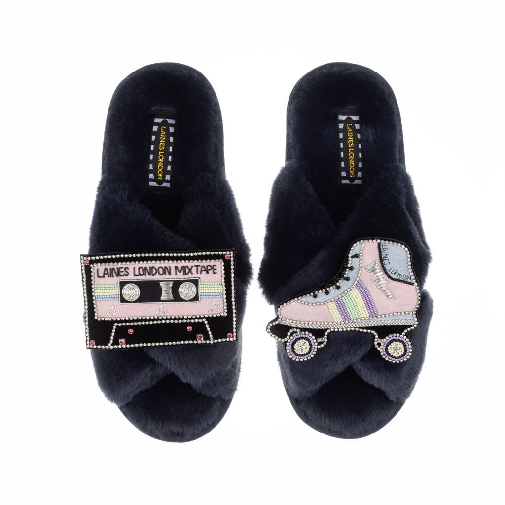 Women's Blue Classic Laines Slippers With Deluxe Retro Pastel Roller-Boot & Mixtape Brooches - Navy Small LAINES LONDON