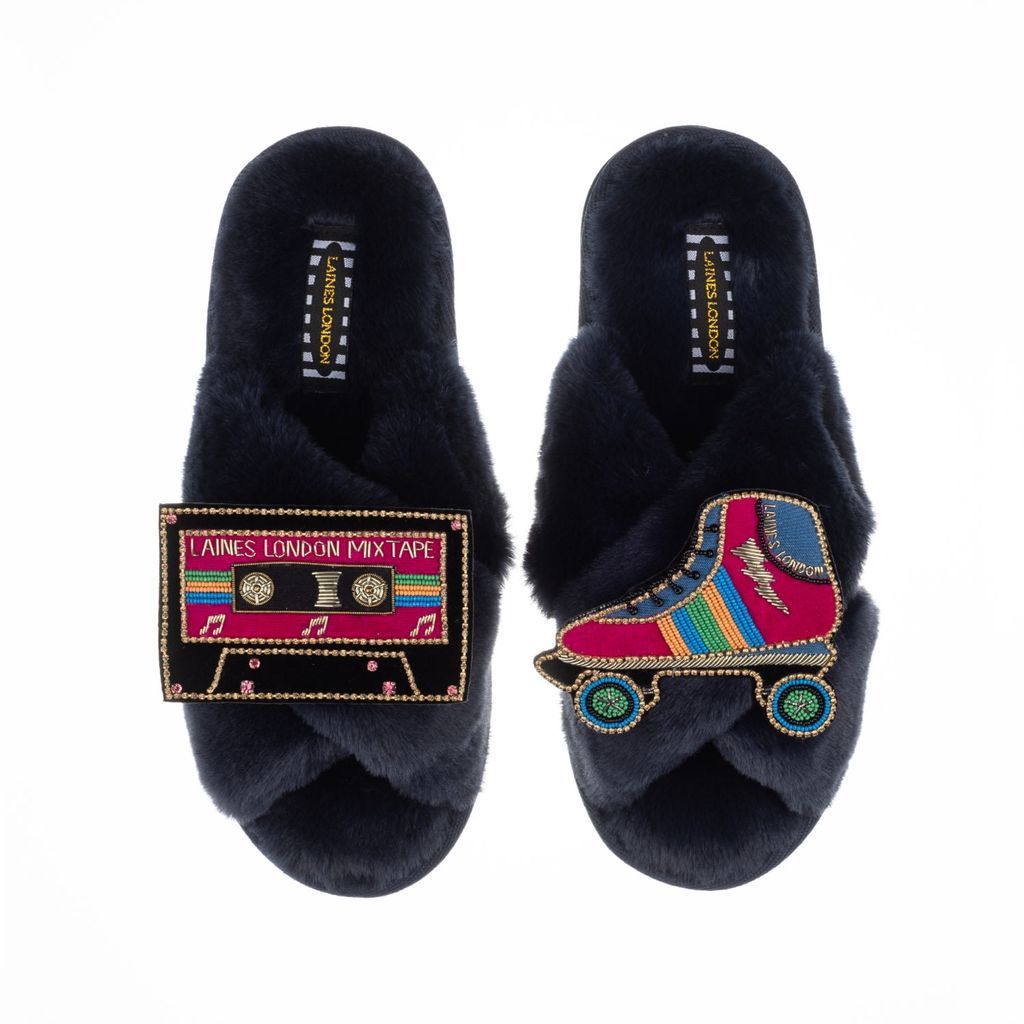 Women's Blue Classic Laines Slippers With Deluxe Retro Vibrant Roller-Boot & Mixtape Brooches - Navy Small LAINES LONDON