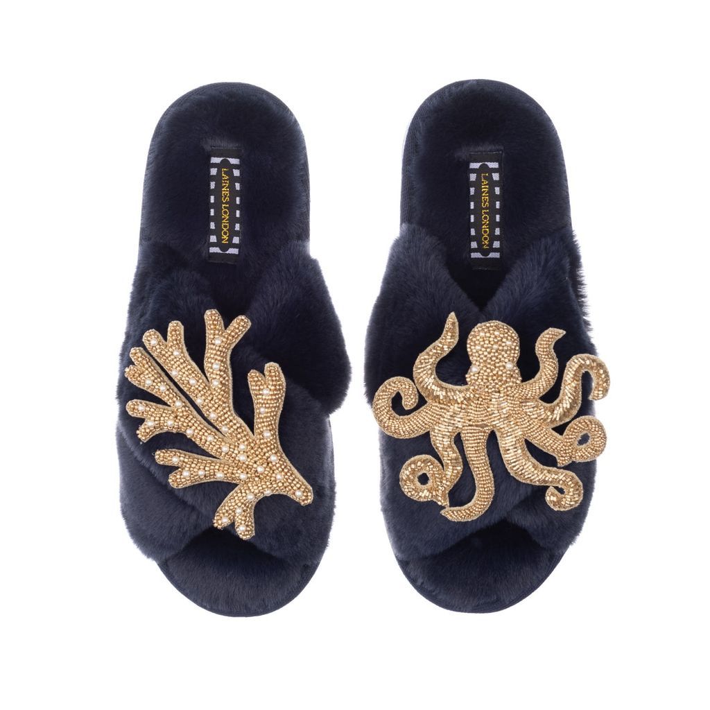 Women's Blue Classic Laines Slippers With Double Artisan Gold Coral & Octopus - Navy Small LAINES LONDON