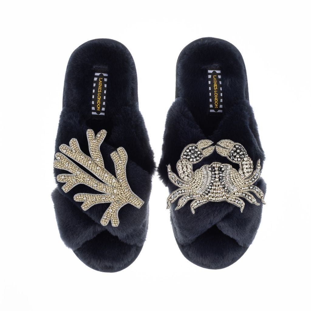 Women's Blue Classic Laines Slippers With Double Artisan Silver Coral & Crab - Navy Small LAINES LONDON