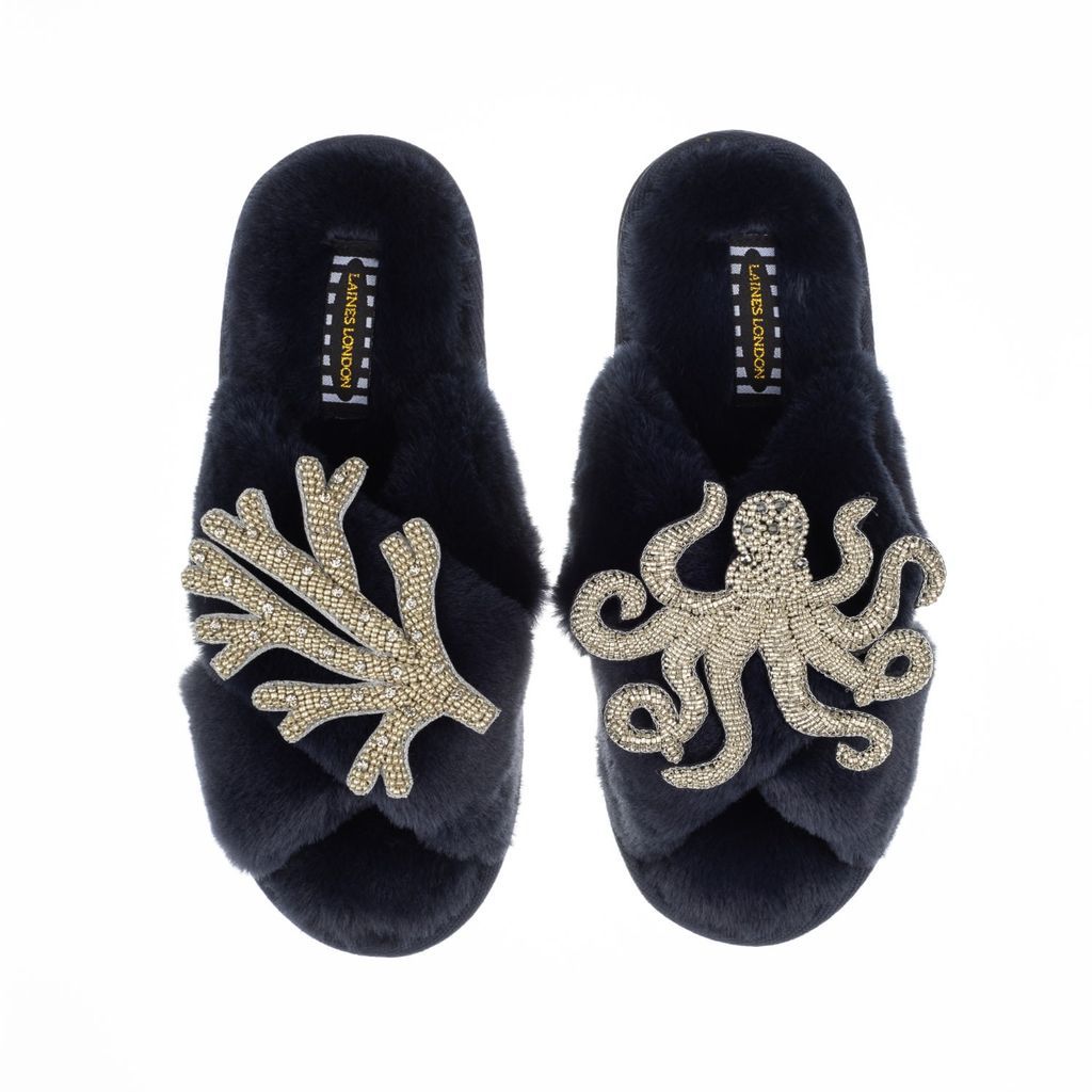 Women's Blue Classic Laines Slippers With Double Artisan Silver Coral & Octopus - Navy Small LAINES LONDON
