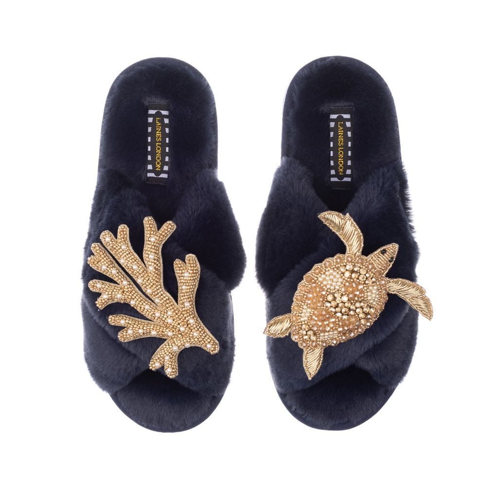 Women's Blue Classic Laines Slippers With Double Artisan Gold Coral & Turtle - Navy Small LAINES LONDON