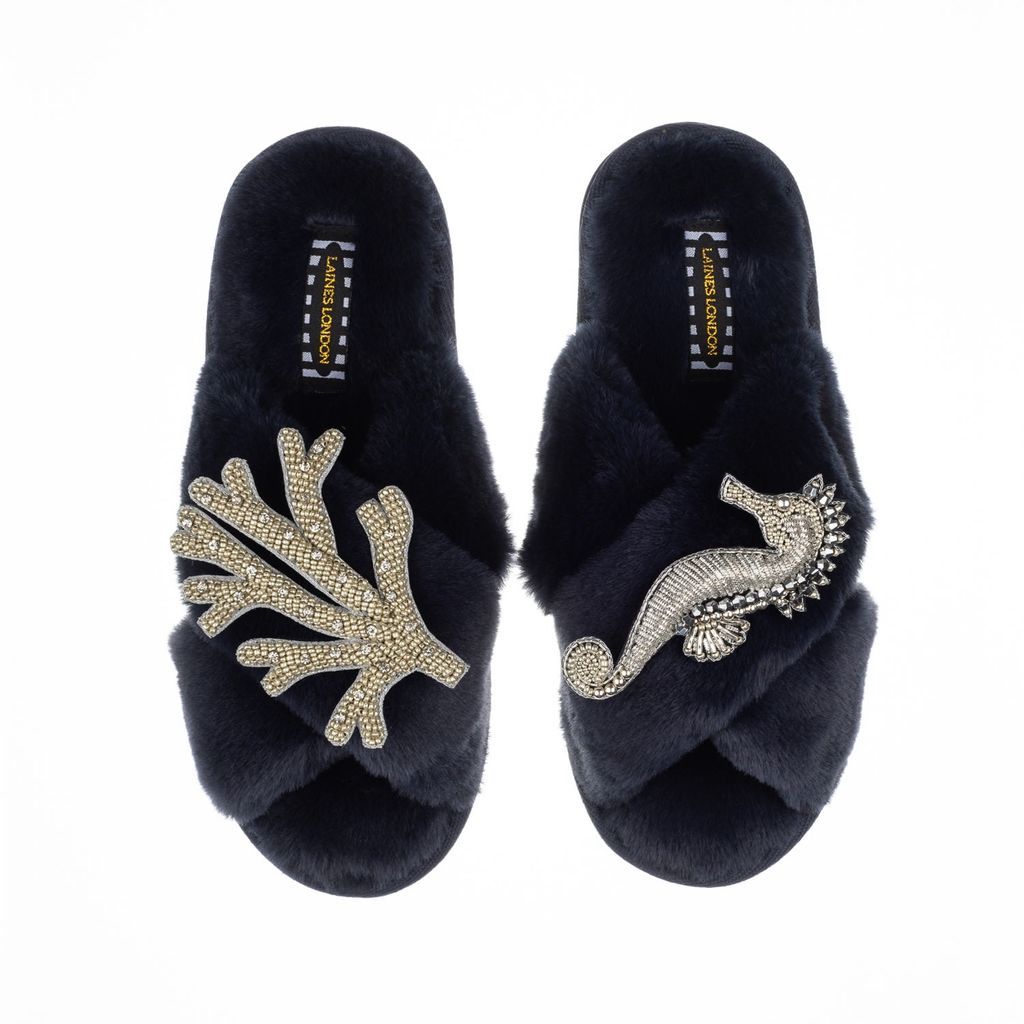 Women's Blue Classic Laines Slippers With Double Artisan Silver Coral & Seahorse - Navy Small LAINES LONDON