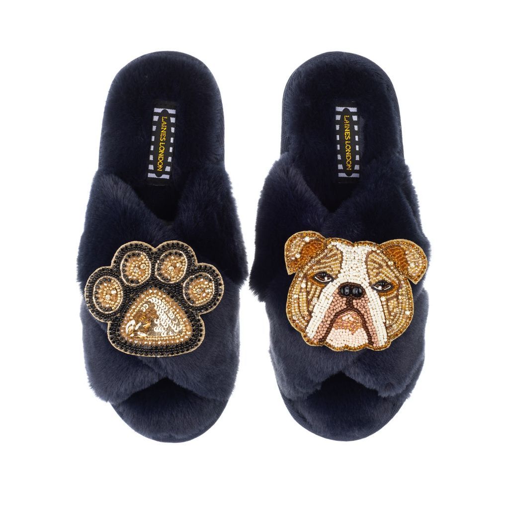 Women's Blue Classic Laines Slippers With Mr Beefy Bulldog & Paw Brooches - Navy Small LAINES LONDON