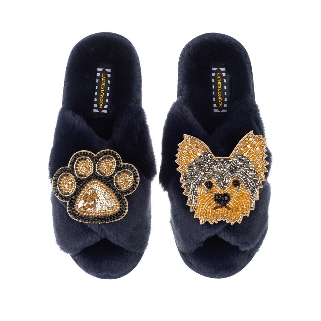 Women's Blue Classic Laines Slippers With Minnie Yorkie & Paw Brooches - Navy Small LAINES LONDON