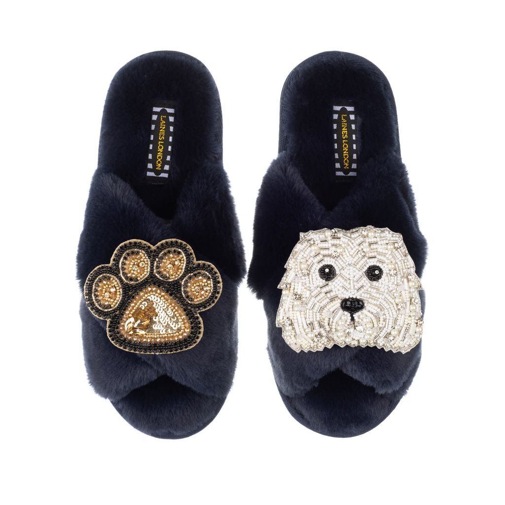 Women's Blue Classic Laines Slippers With Queenie & Paw Brooches - Navy Small LAINES LONDON