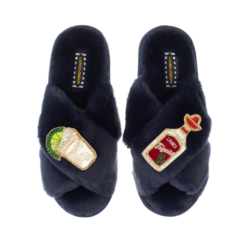 Women's Blue Classic Laines Slippers With Tequila Slammer Brooches - Navy Small LAINES LONDON