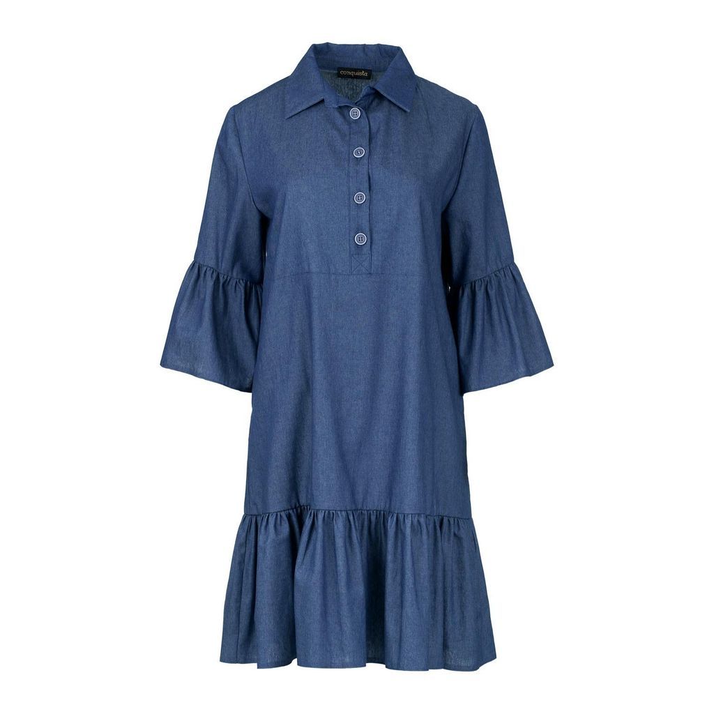 Women's Blue Denim Bell Sleeve Dress With Ruffle Hem Small Conquista