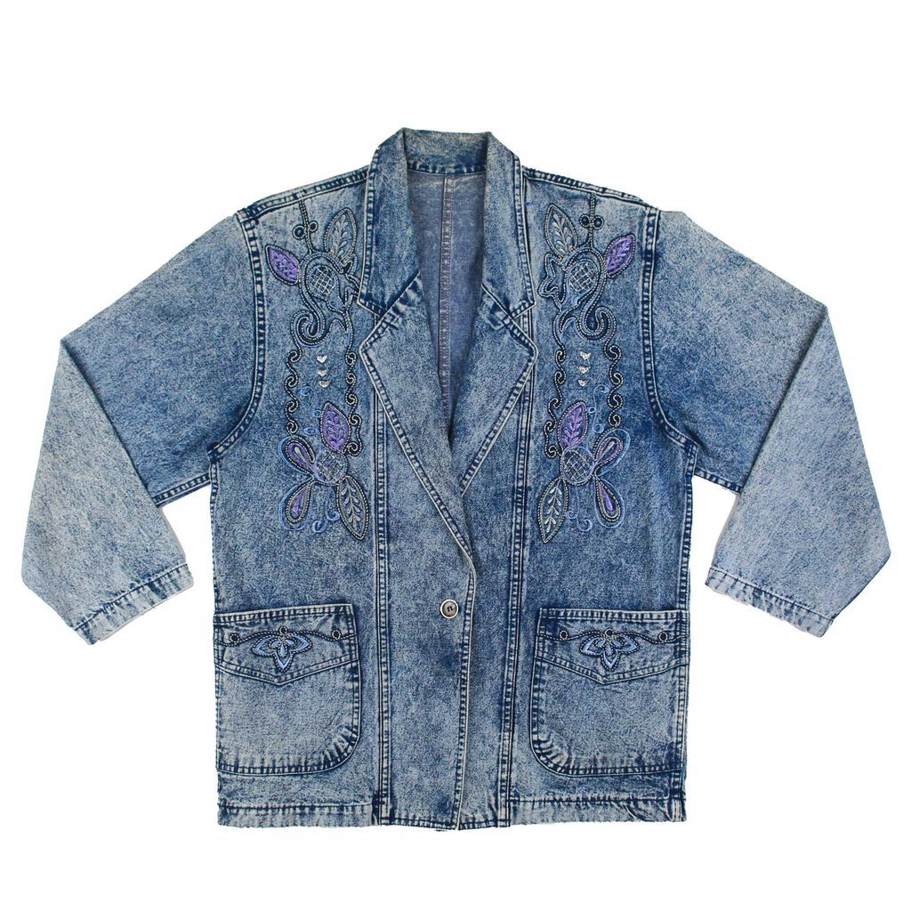 Women's Blue Embroidered Collared Neck Denim Vintage Jacket With Patch Pocket L/Xl Sugar Cream Vintage