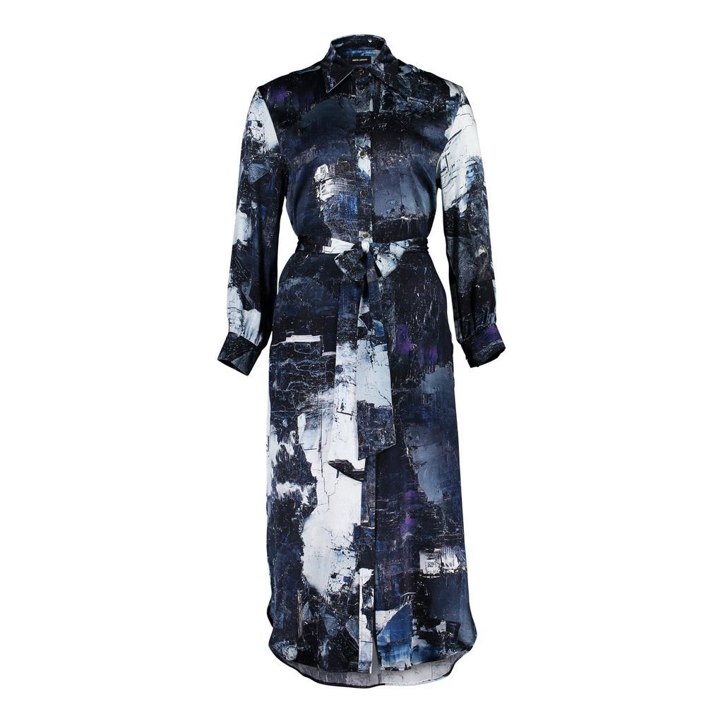 Women's Blue Harry Galena Abstract 100% Silk Midi Shirt Dress S/M Märta Larsson