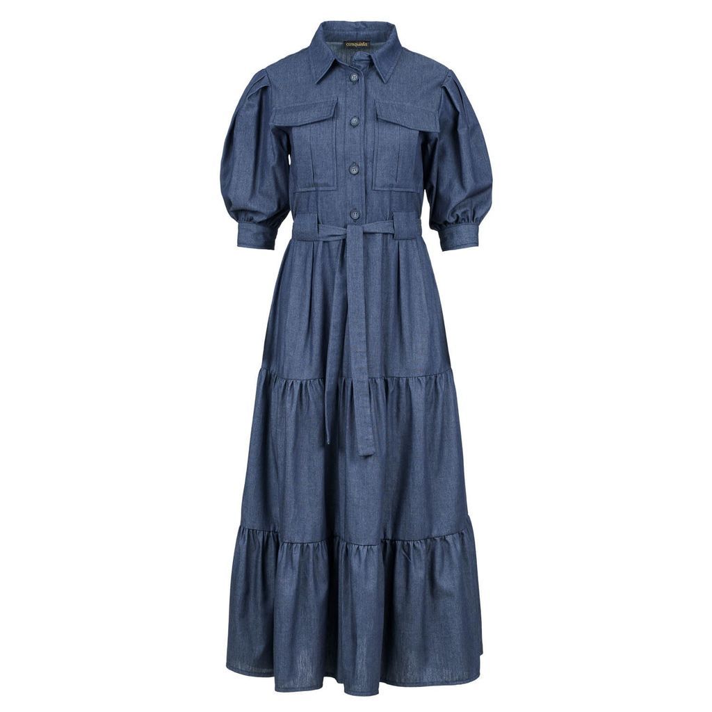 Women's Blue Indigo Denim Style Ruched Tiered Dress Extra Large Conquista