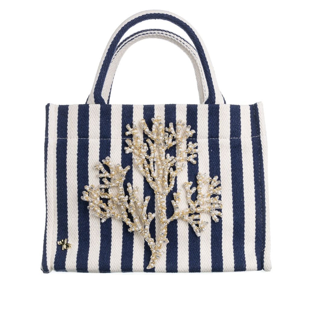 Women's Blue Laines Couture Hand Embellished Coral Tote Bag - Navy & Cream One Size LAINES LONDON