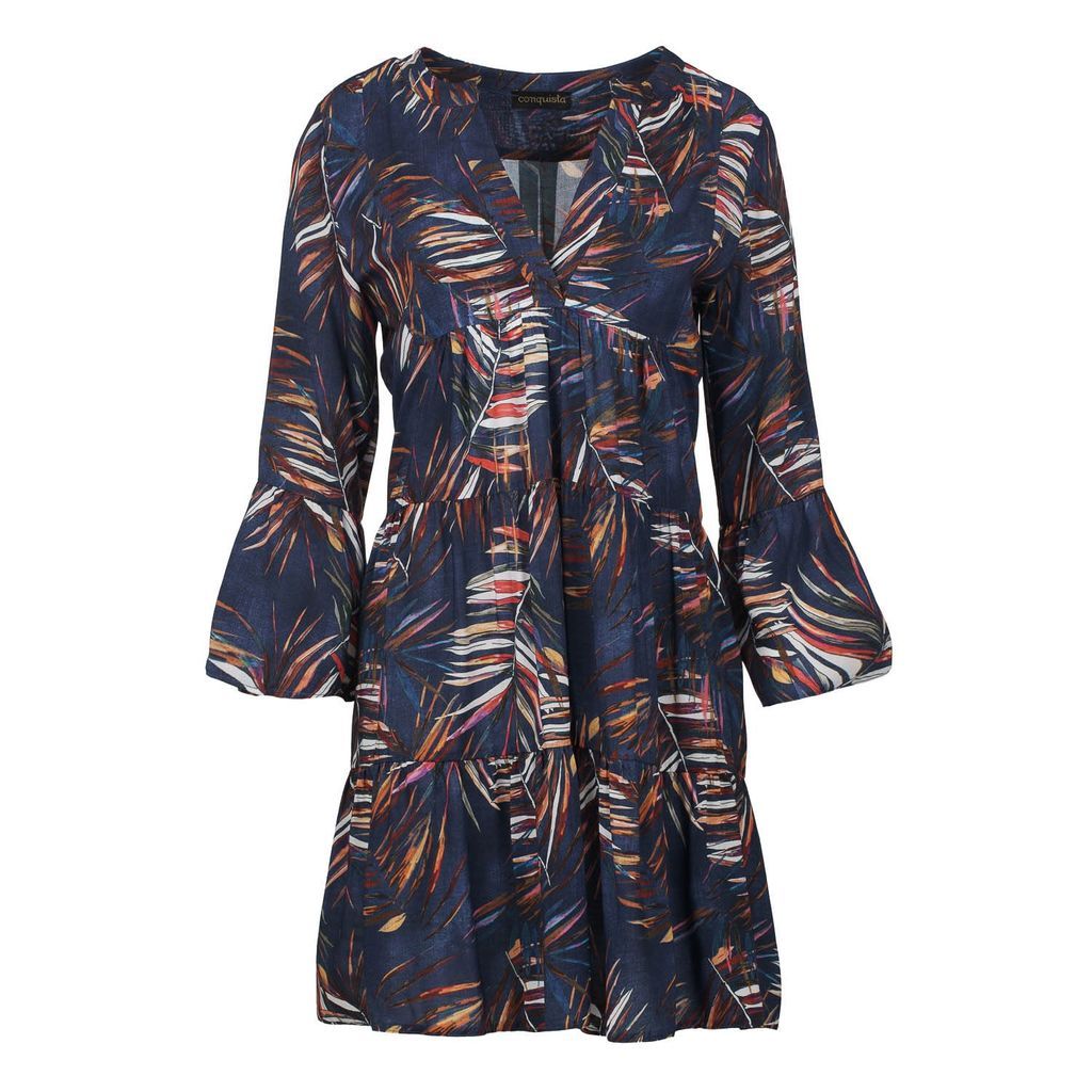Women's Blue Leaf Print A Line Dress With Bell Sleeves Small Conquista