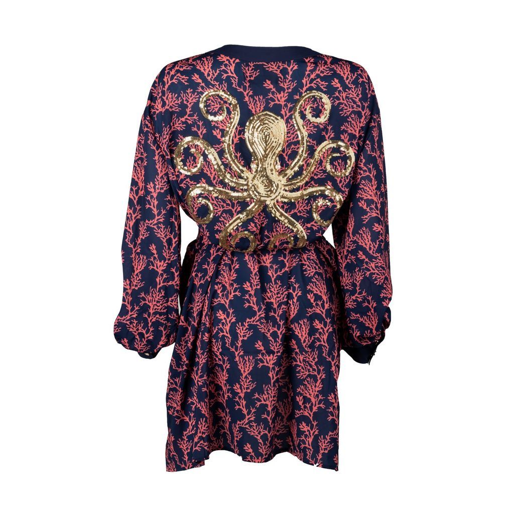 Women's Blue Navy & Orange Coral Kimono With Gold Octopus Embellishment One Size LAINES LONDON