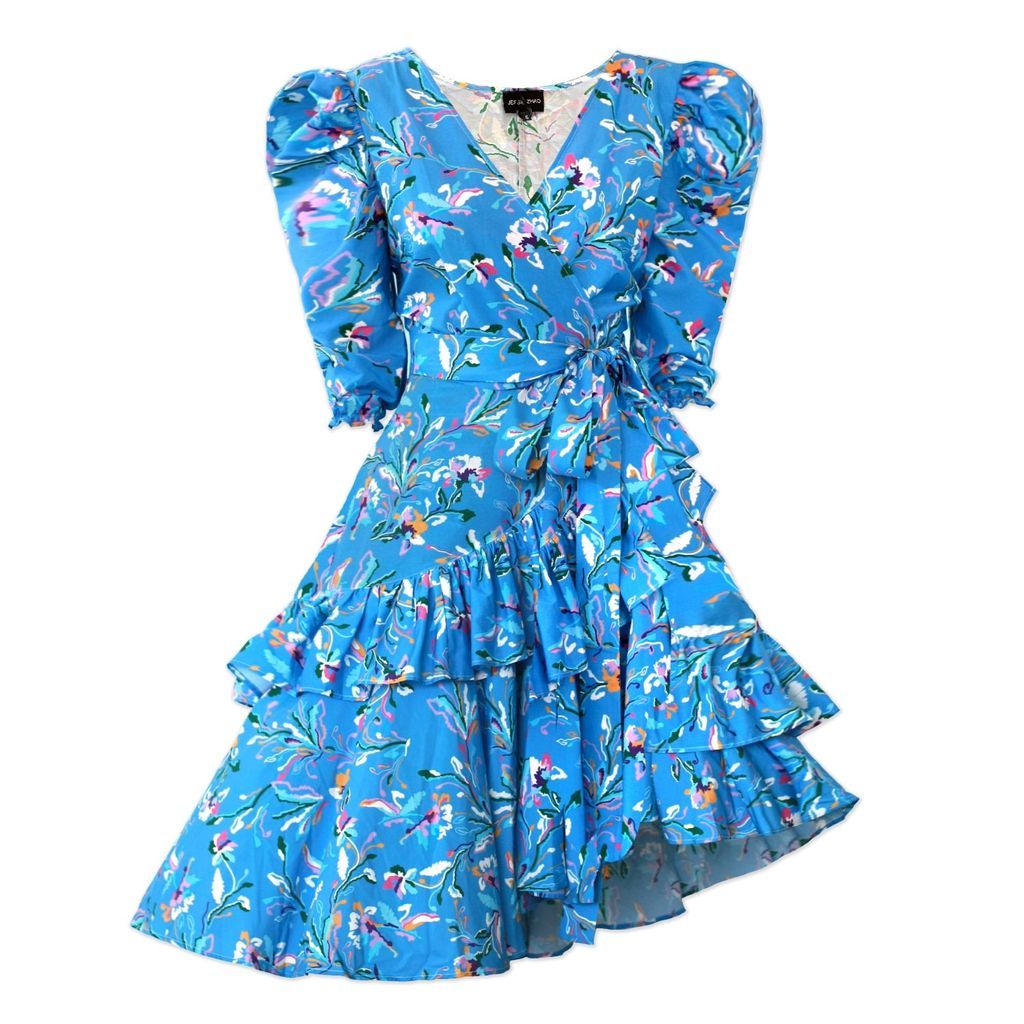 Women's Blue Ocean Floral Cotton Silk Wrap Dress Xxs Jessie Zhao New York