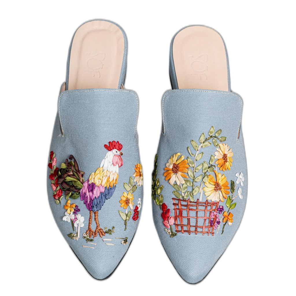 Women's Blue Rooster Handmade Embroidery Mules 3 Uk Studio of Friends