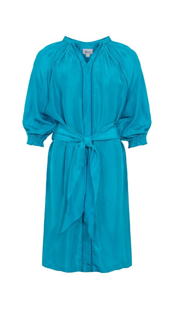 Women's Blue Ruched Sleeve Silk Midi Dress Medium VAAI