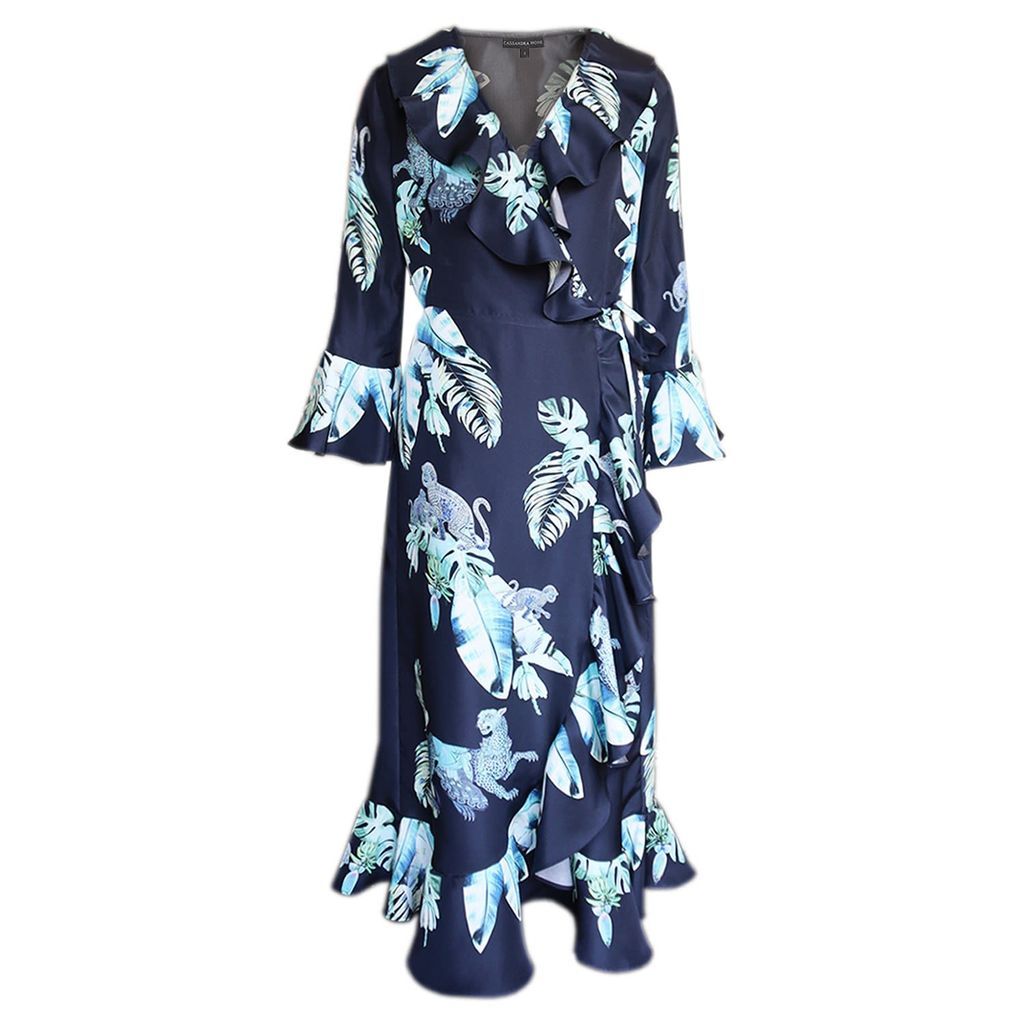 Women's Blue Silk Wrap Dress - Aqua Jungle Print Extra Small CASSANDRA HONE