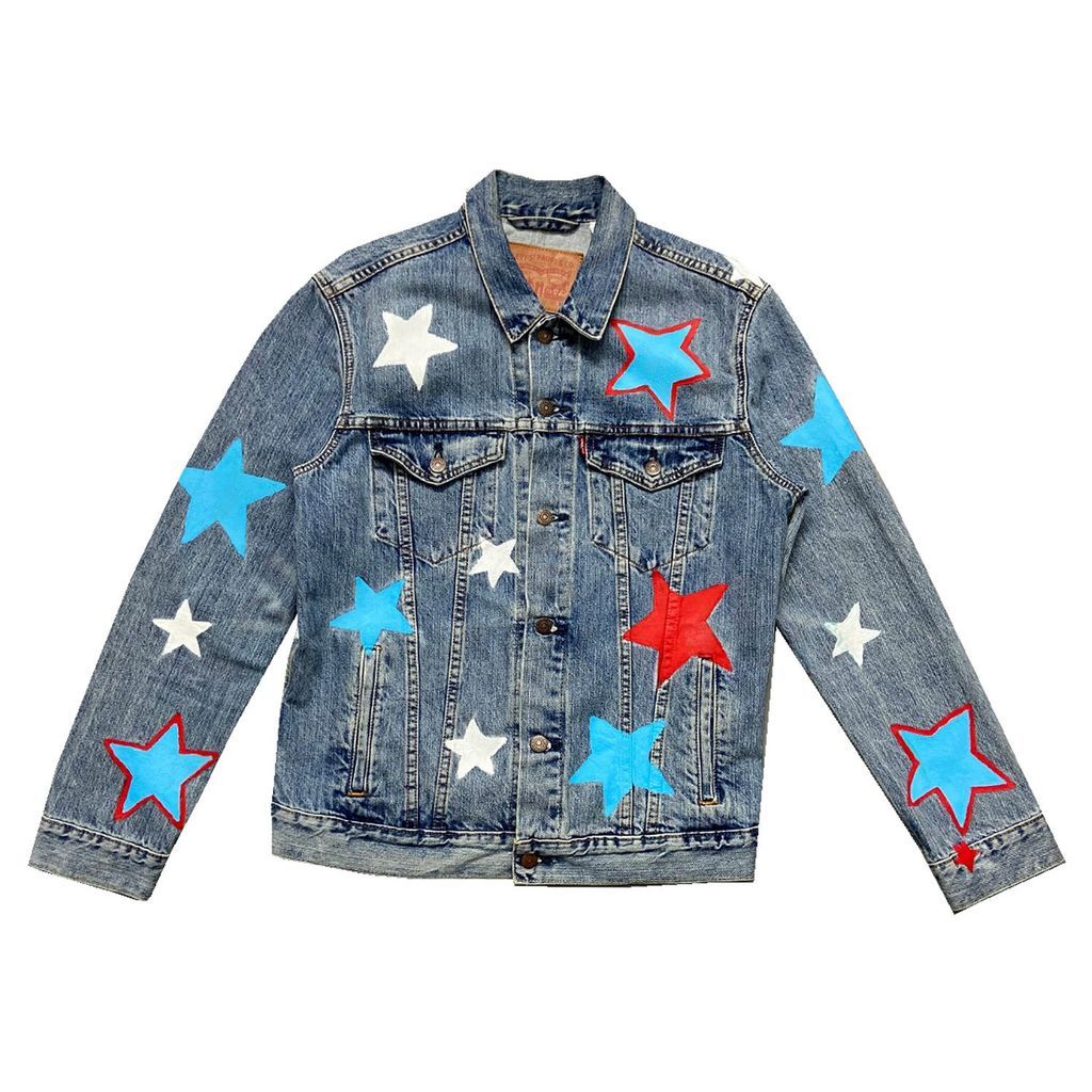 Women's Blue Star Hand Painted Levis Denim Jacket Extra Small Quillattire