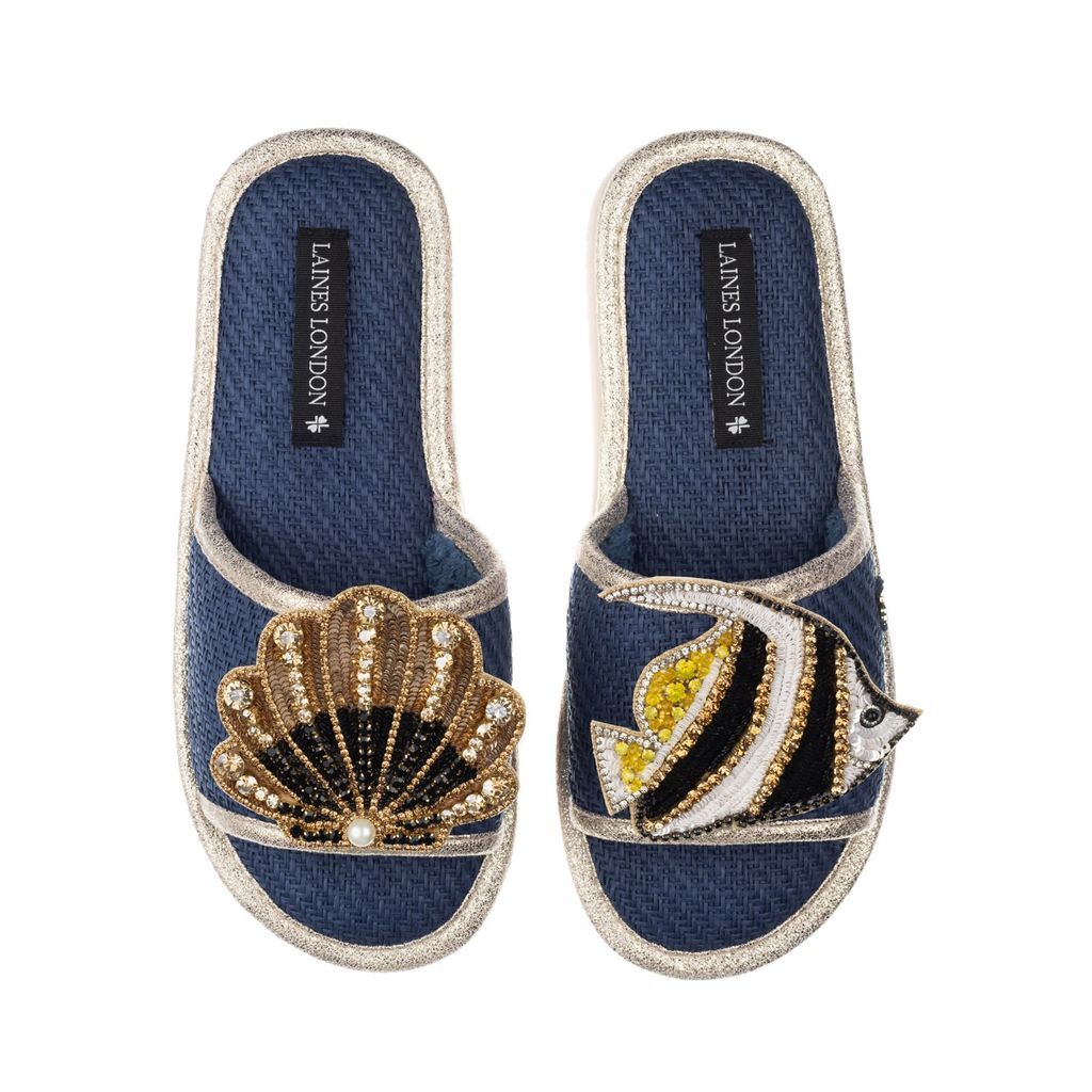 Women's Blue Straw Braided Sandals With Handmade Banner Fish & Black & Gold Shell Brooches - Navy Small LAINES LONDON