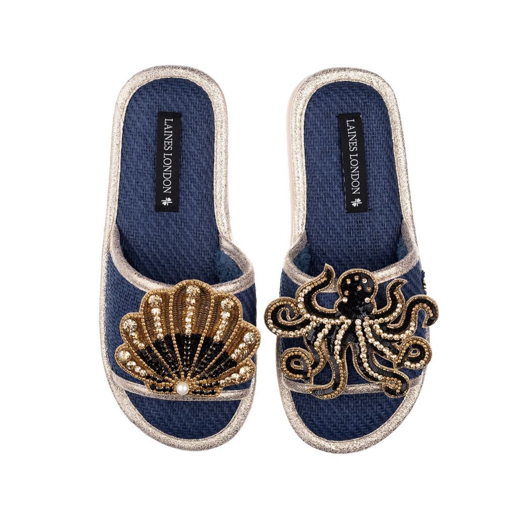 Women's Blue Straw Braided Sandals With Handmade Black & Gold Octopus & Shell Brooches - Navy Small LAINES LONDON