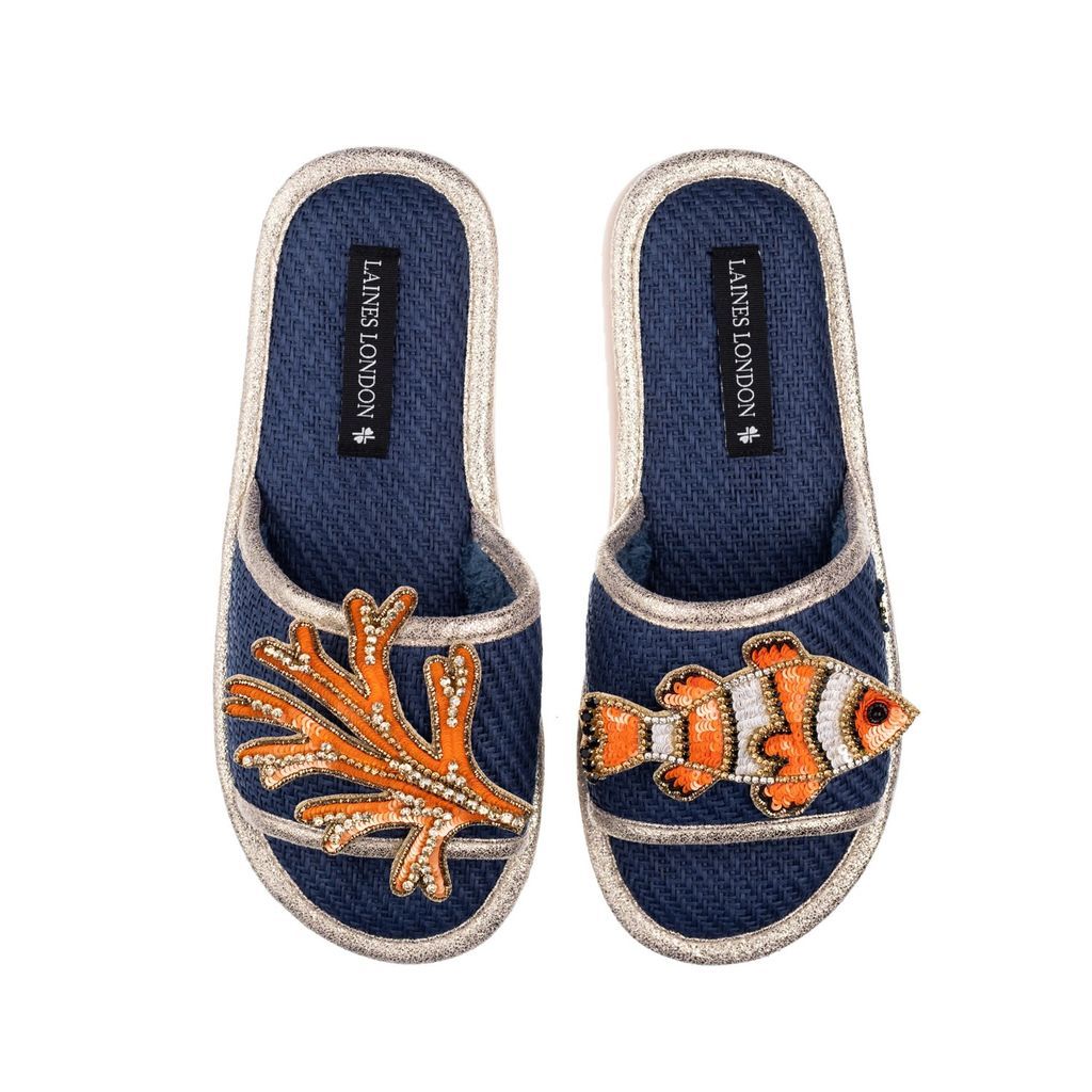 Women's Blue Straw Braided Sandals With Handmade Clownfish & Coral Brooches - Navy Small LAINES LONDON