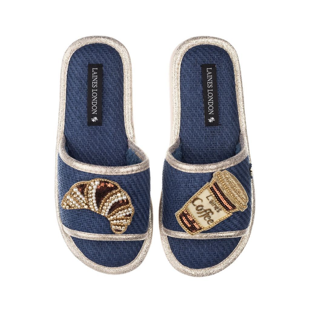 Women's Blue Straw Braided Sandals With Handmade Coffee & Croissant Brooches - Navy Small LAINES LONDON