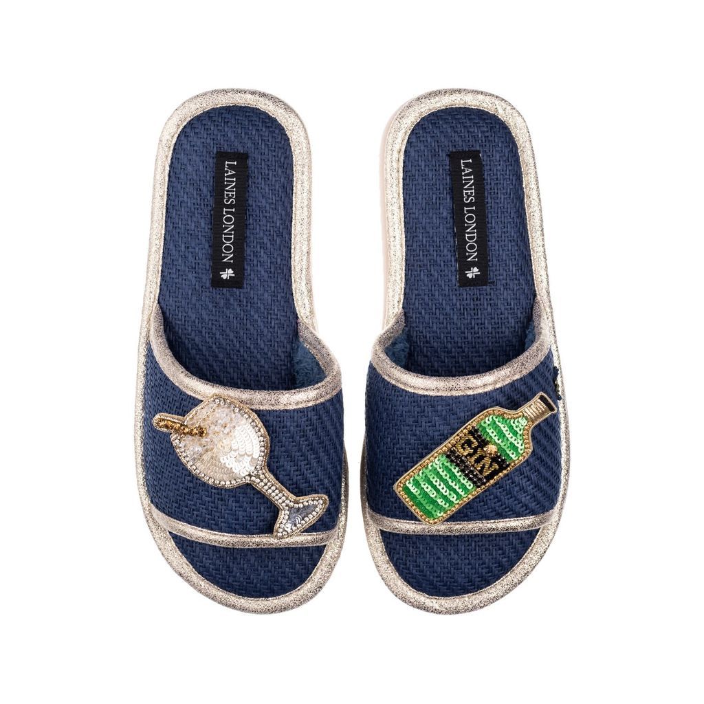 Women's Blue Straw Braided Sandals With Handmade Original Gin Brooches - Navy Small LAINES LONDON