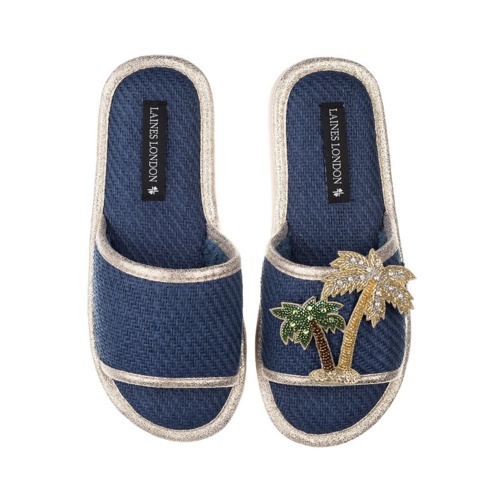 Women's Blue Straw Braided Sandals With Handmade Couture Golden Palm Tree Brooch - Navy Small LAINES LONDON
