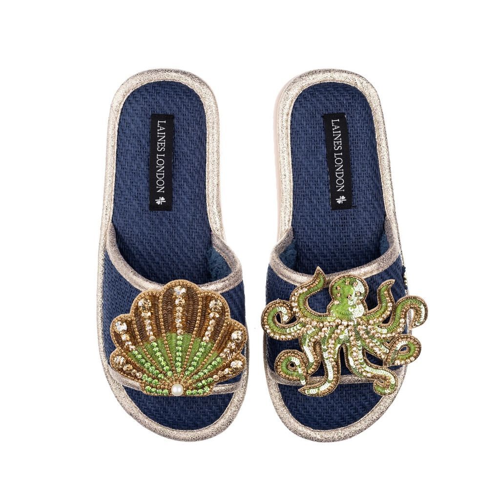 Women's Blue Straw Braided Sandals With Handmade Green & Gold Octopus & Shell Brooches - Navy Small LAINES LONDON