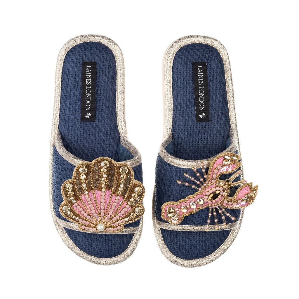 Women's Blue Straw Braided Sandals With Handmade Pink & Gold Shell & Lobster Brooches - Navy Small LAINES LONDON