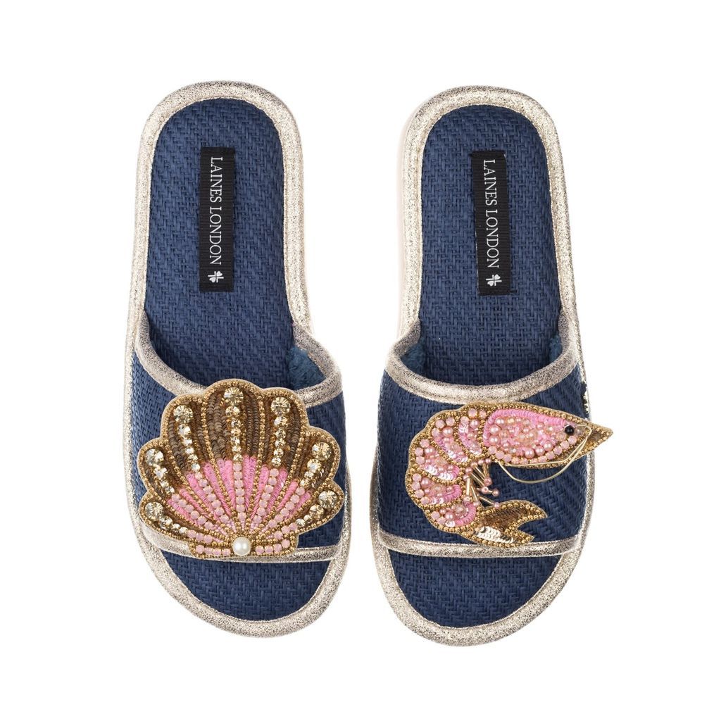 Women's Blue Straw Braided Sandals With Handmade Pink & Gold Shell & Prawn Brooches - Navy Small LAINES LONDON