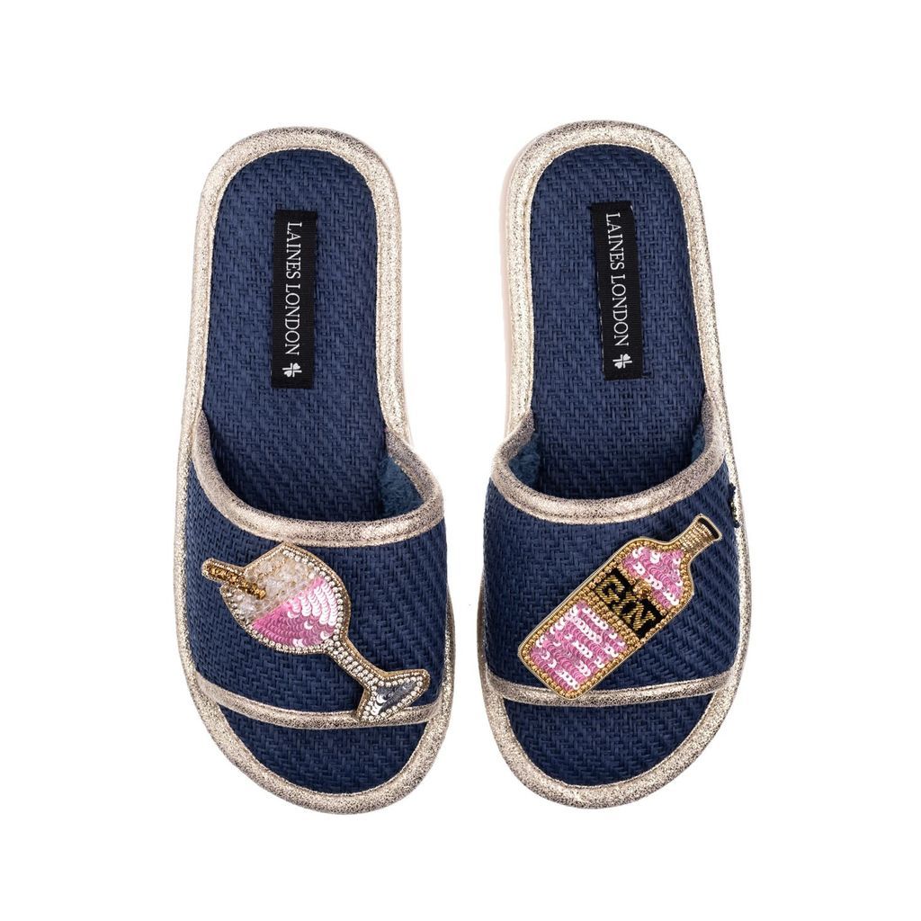 Women's Blue Straw Braided Sandals With Handmade Pink Gin Brooches - Navy Small LAINES LONDON