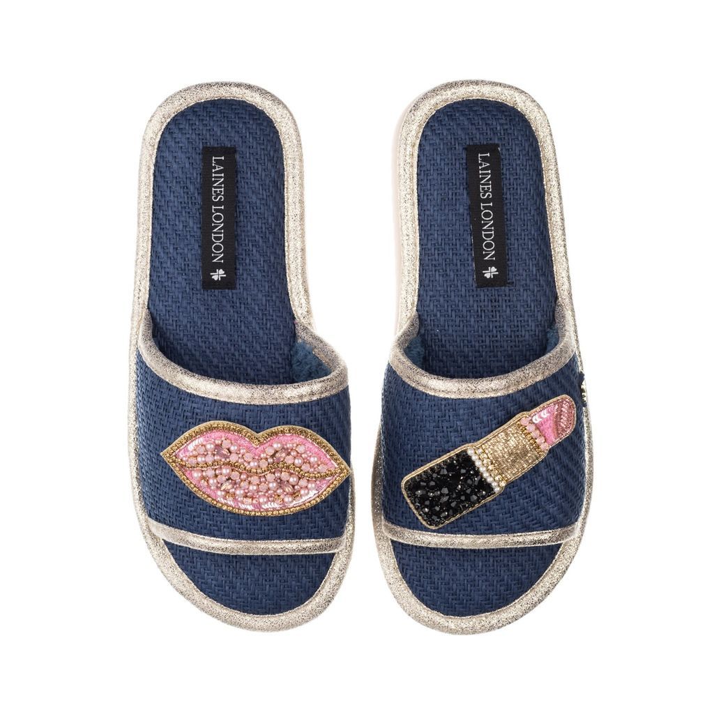 Women's Blue Straw Braided Sandals With Handmade Pink Pucker Up Brooches - Navy Small LAINES LONDON