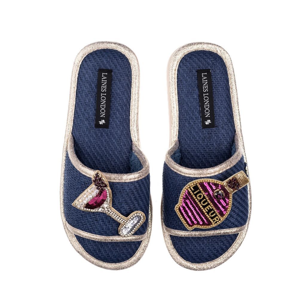 Women's Blue Straw Braided Sandals With Handmade Raspberry Liqueur Brooches - Navy Small LAINES LONDON