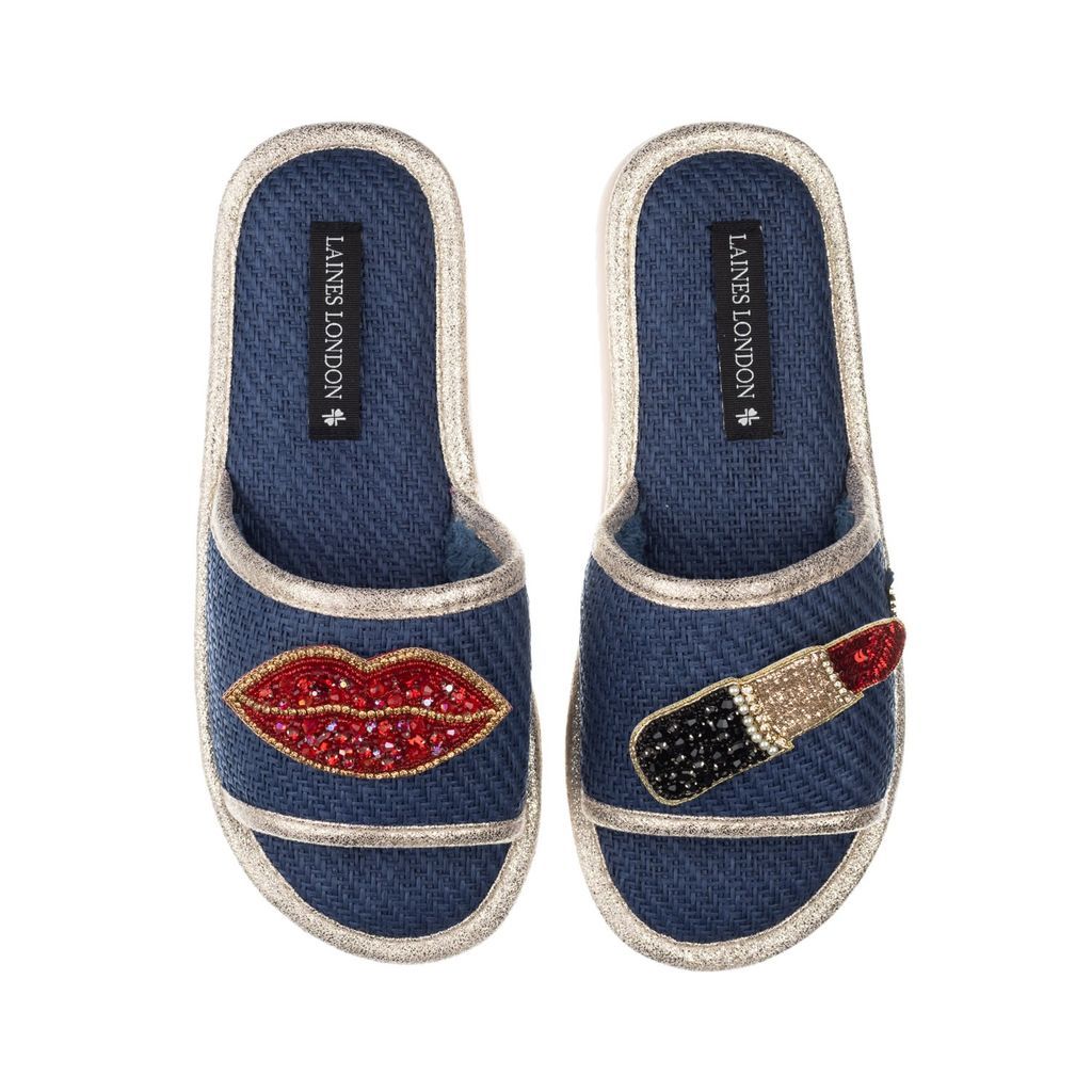 Women's Blue Straw Braided Sandals With Handmade Red Pucker Up Brooches - Navy Small LAINES LONDON