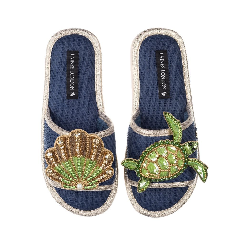 Women's Blue Straw Braided Sandals With Handmade Turtle & Green & Gold Shell Brooches - Navy Small LAINES LONDON