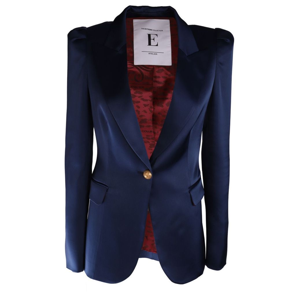 Women's Blue Tailored Blazer In Satin Fabric With Single Button And Pagoda Shoulders Pads Kiyoko Extra Small The Extreme Collection