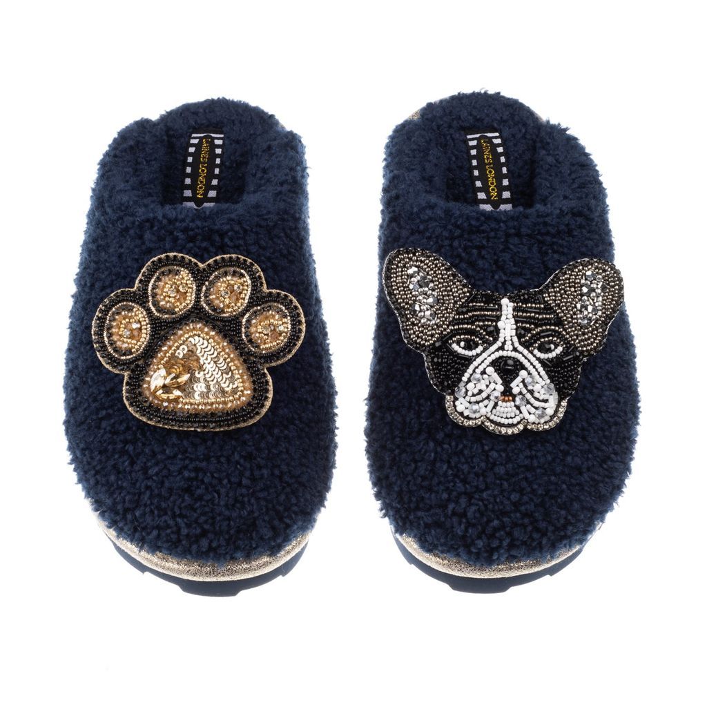 Women's Blue Teddy Towelling Closed Toe Slippers With Coco & Paw Brooches - Navy Small LAINES LONDON