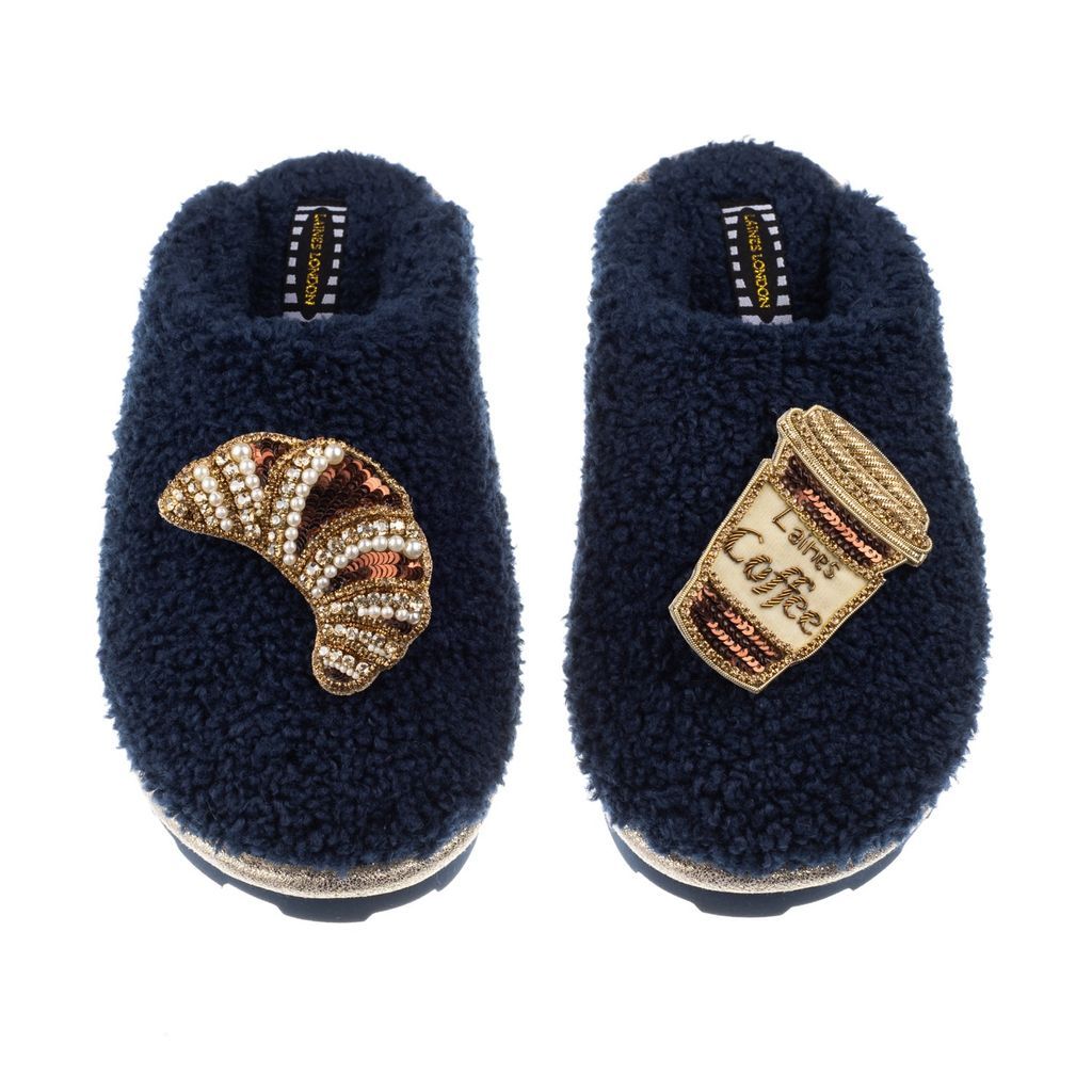 Women's Blue Teddy Towelling Closed Toe Slippers With Coffee & Croissant Brooches - Navy Small LAINES LONDON