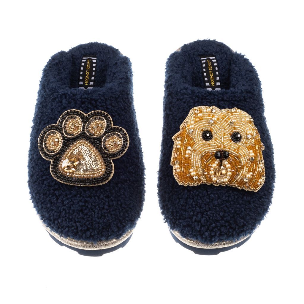 Women's Blue Teddy Towelling Closed Toe Slippers With Enki Doo & Paw Brooch - Navy Small LAINES LONDON