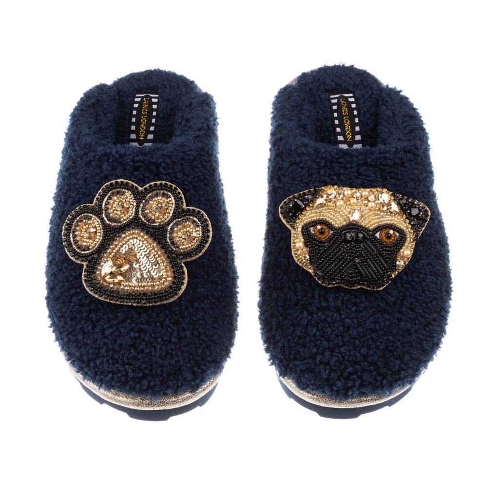Women's Blue Teddy Towelling Closed Toe Slippers With Franki & Paw Brooch - Navy Small LAINES LONDON