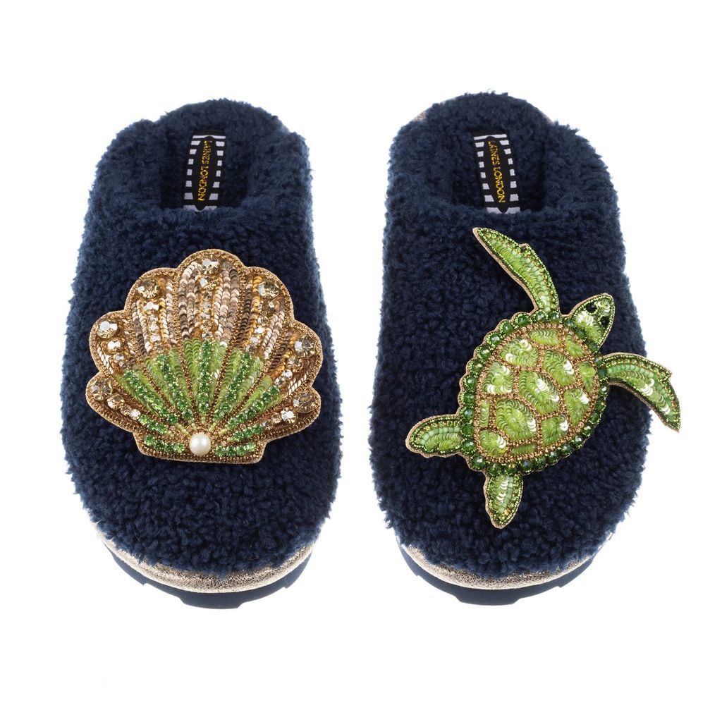 Women's Blue Teddy Towelling Closed Toe Slippers With Green Turtle & Green & Gold Shell - Navy Small LAINES LONDON