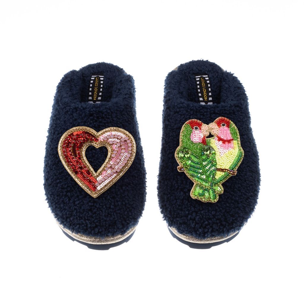 Women's Blue Teddy Towelling Closed Toe Slippers With Heart & Love Birds Brooches - Navy Small LAINES LONDON